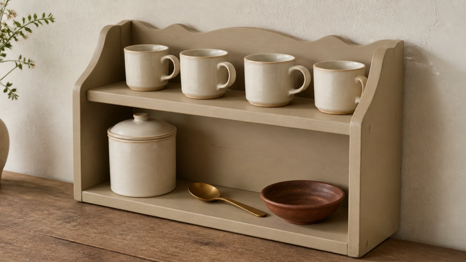 small two tier wooden hutch holding coffee mugs and a bean canister