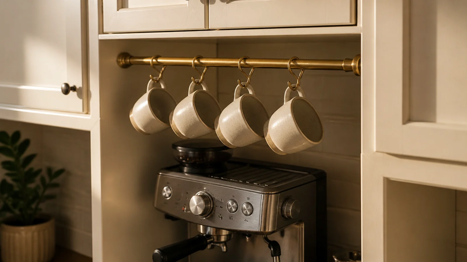 tension rod between two cabinets holding four light mugs on hooks