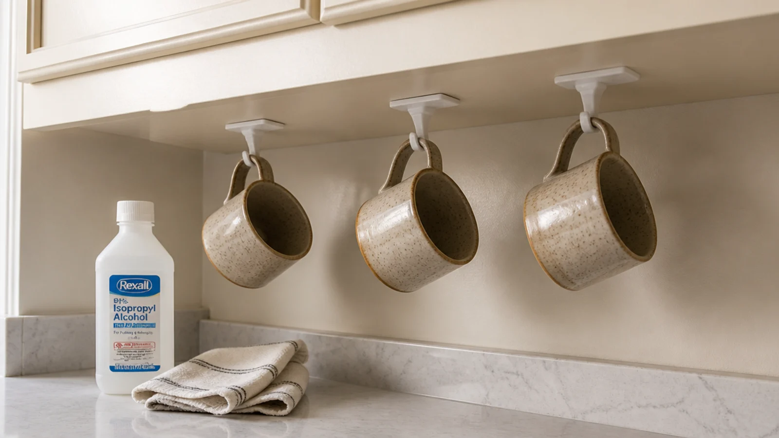 adhesive hooks under a kitchen cabinet holding single stoneware coffee mugs