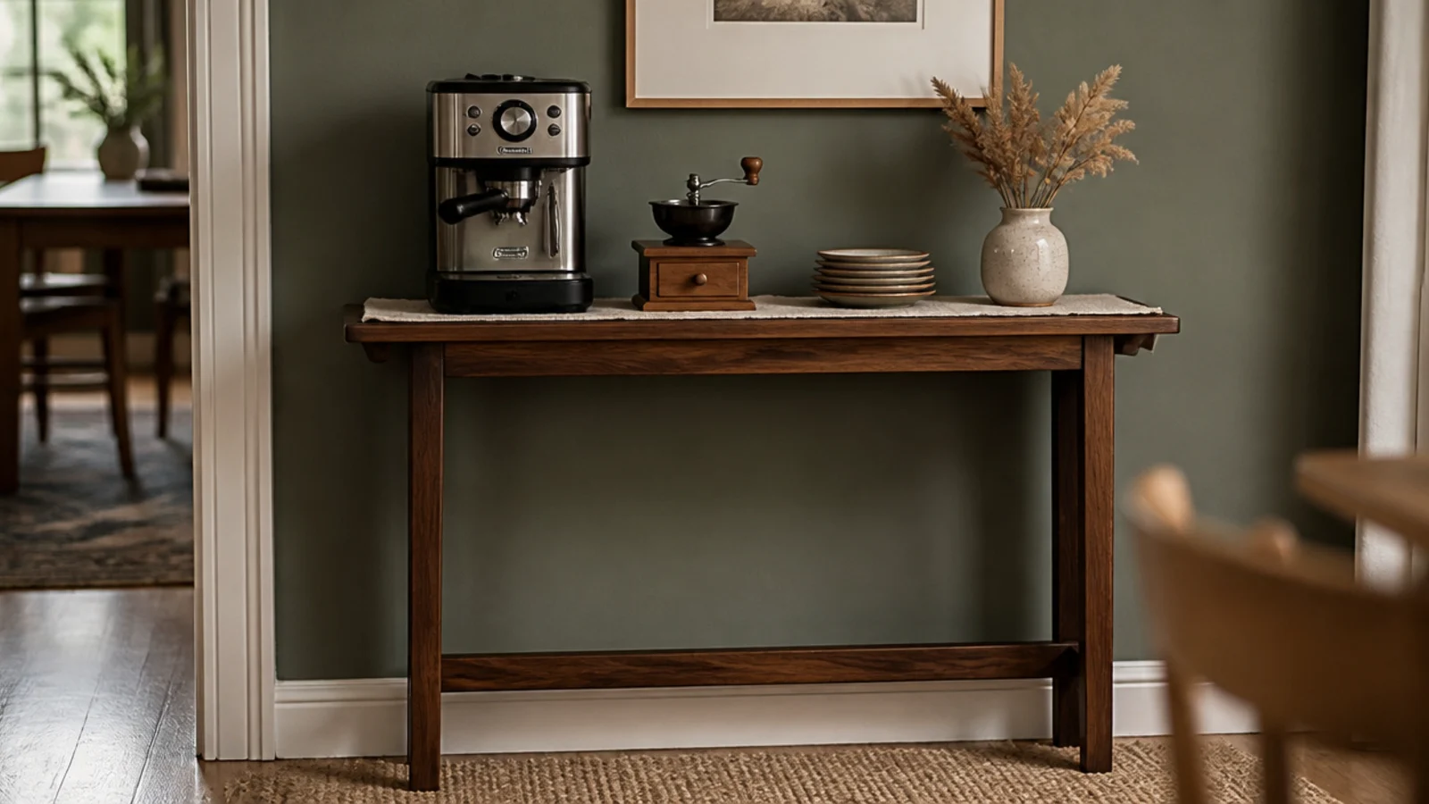 slim walnut console table set up as an apartment coffee corner