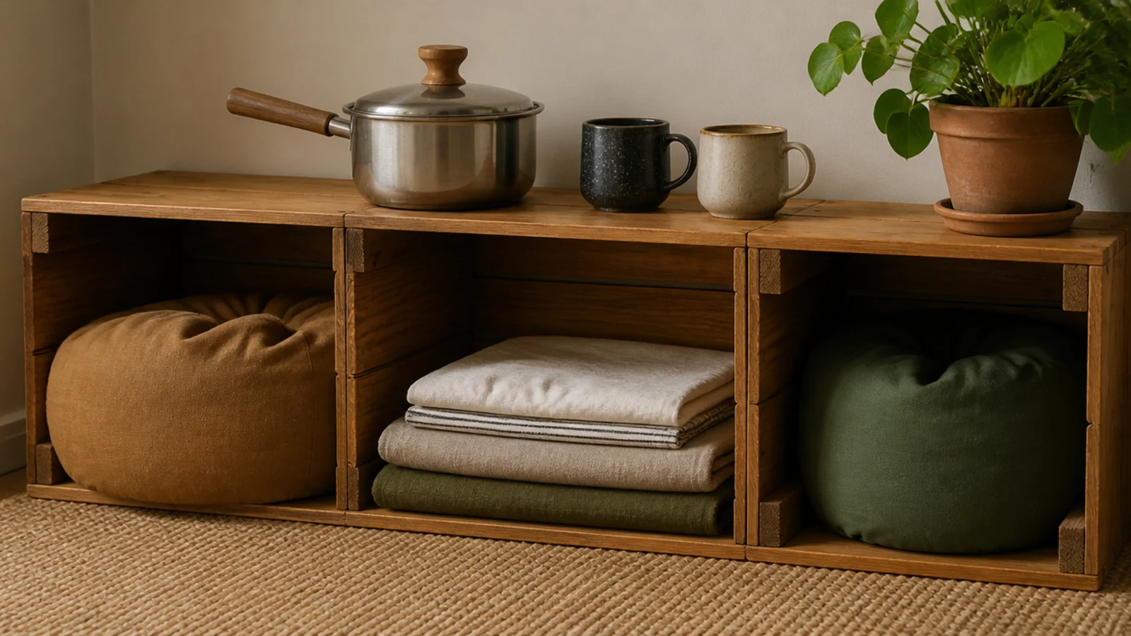 stacked wooden crates forming a low coffee station in a rental kitchen
