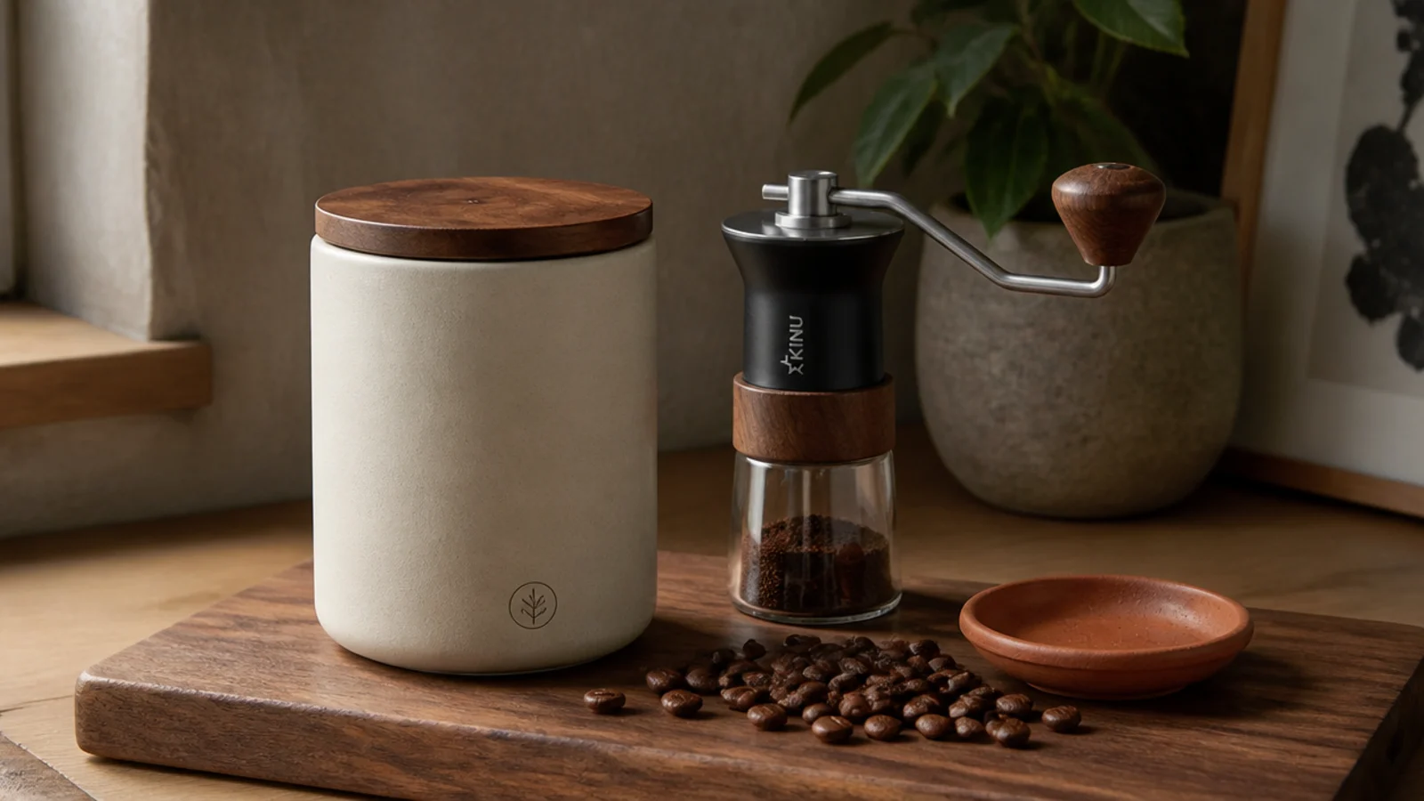 opaque stoneware canister storing whole coffee beans beside a small grinder