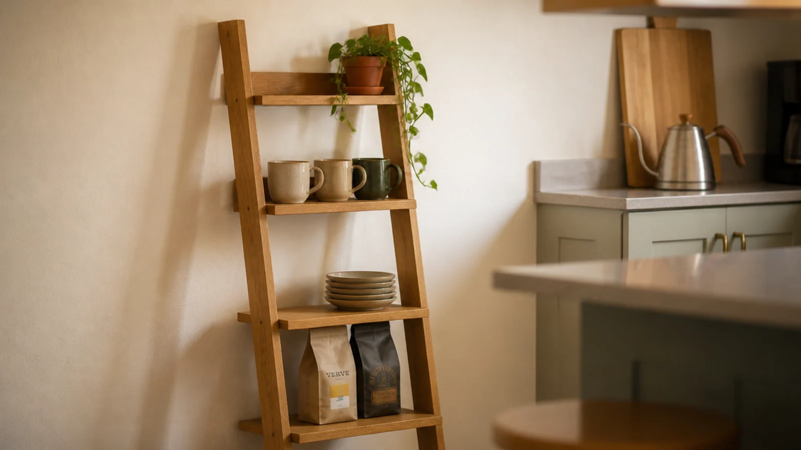 leaning oak ladder shelf beside a counter holding mugs and coffee beans