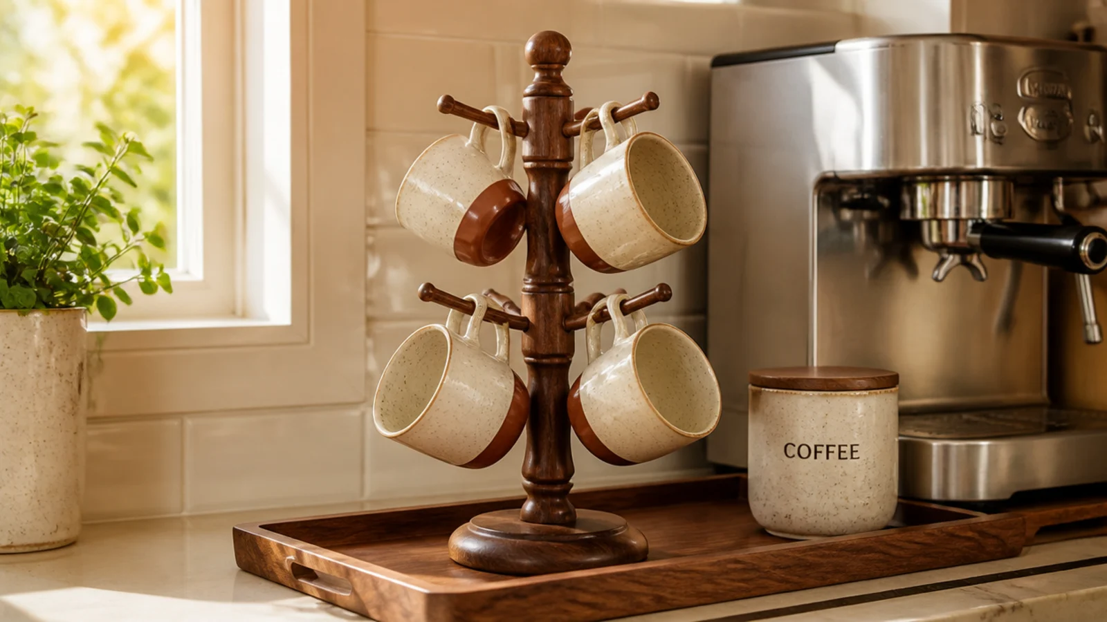 walnut mug tree holding six stoneware mugs beside a coffee machine
