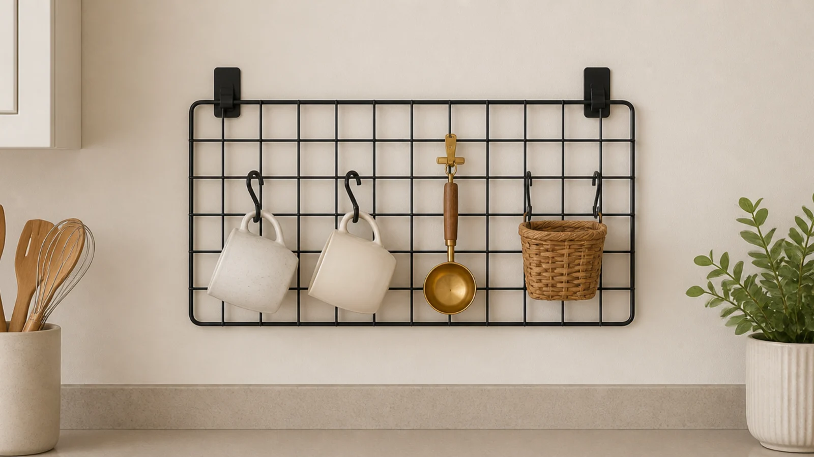 wire grid panel on a kitchen wall holding hooks and a coffee scoop