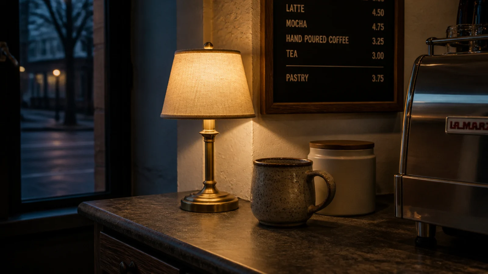 small brass lamp glowing warmly over a morning coffee corner counter