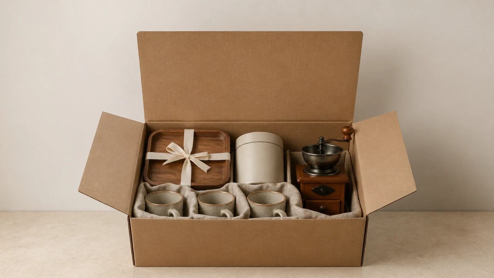 coffee corner essentials packed into one open moving box on a counter