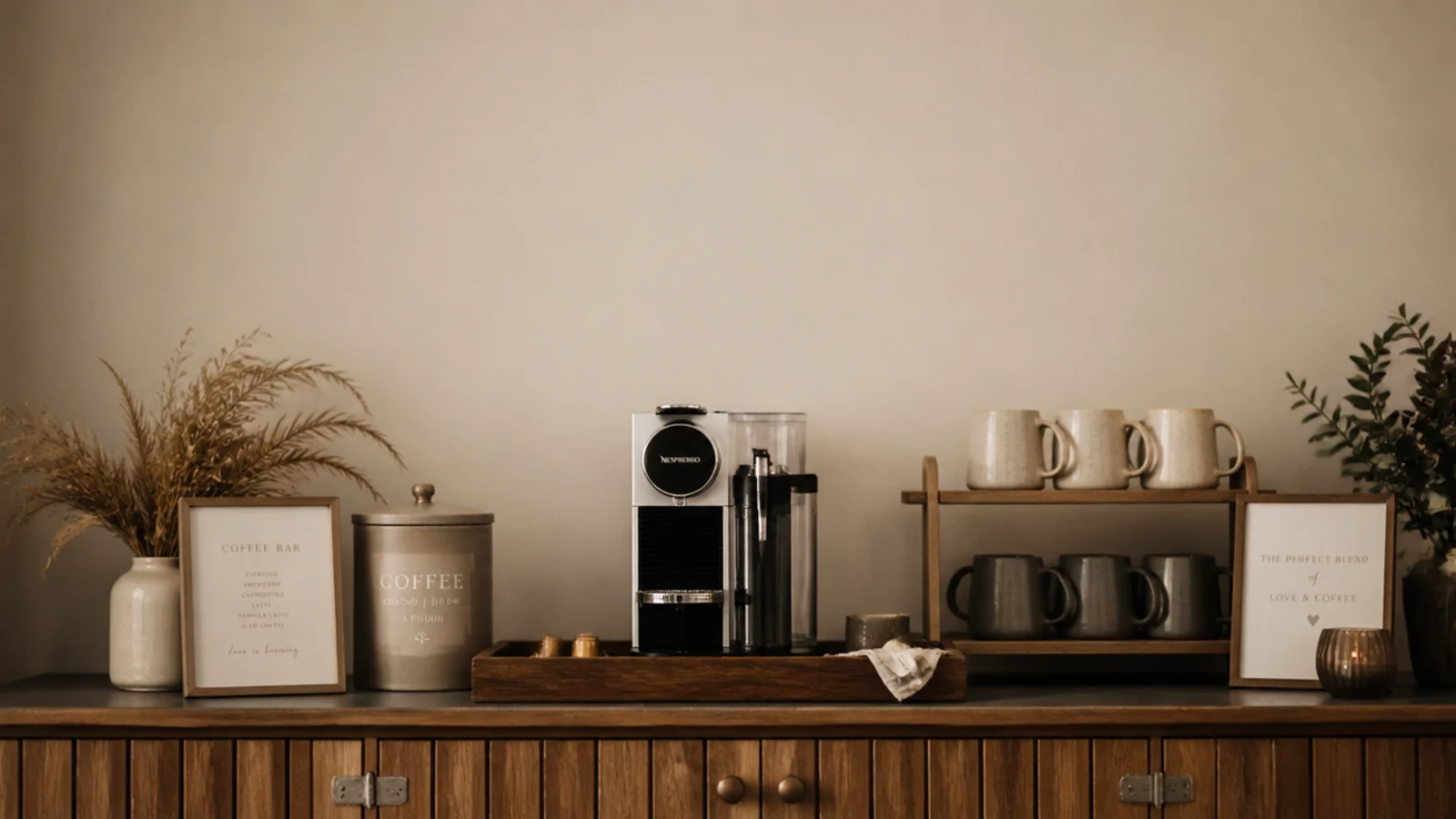 vertical rental coffee corner with tray mugs canister and warm morning light