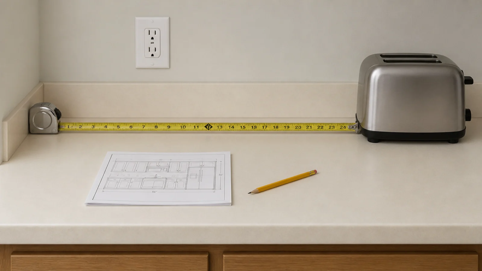 measuring tape marking a narrow counter strip planned as a coffee station