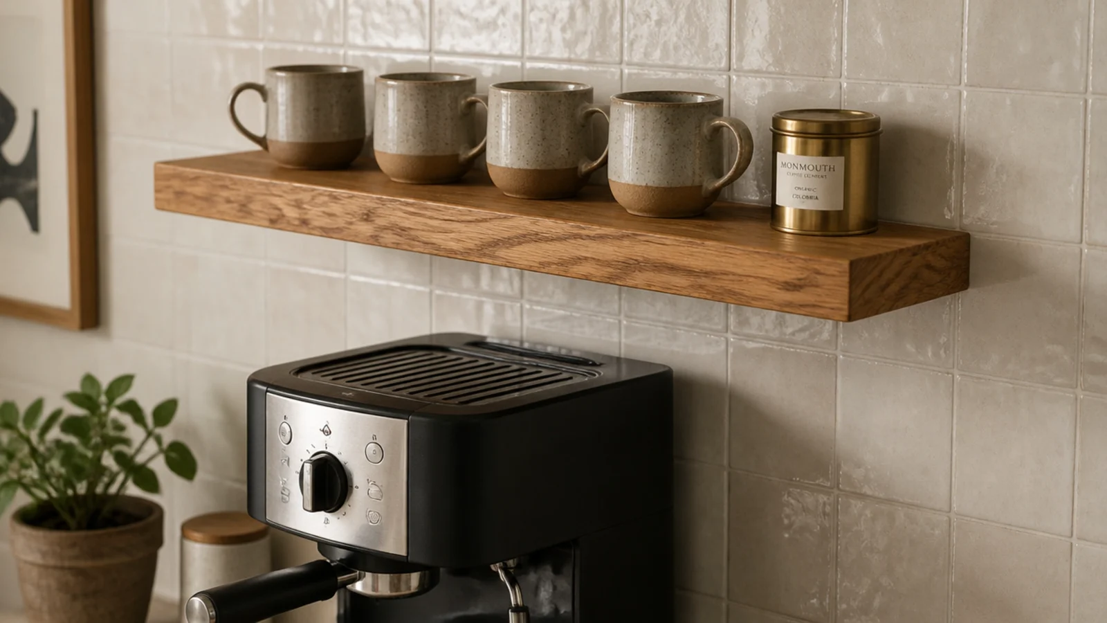 single oak shelf mounted above a small coffee machine and counter