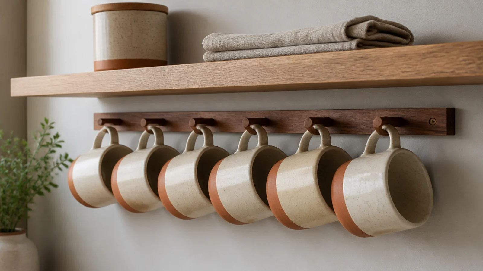 six stoneware mugs hanging from a wooden peg rail under a shelf