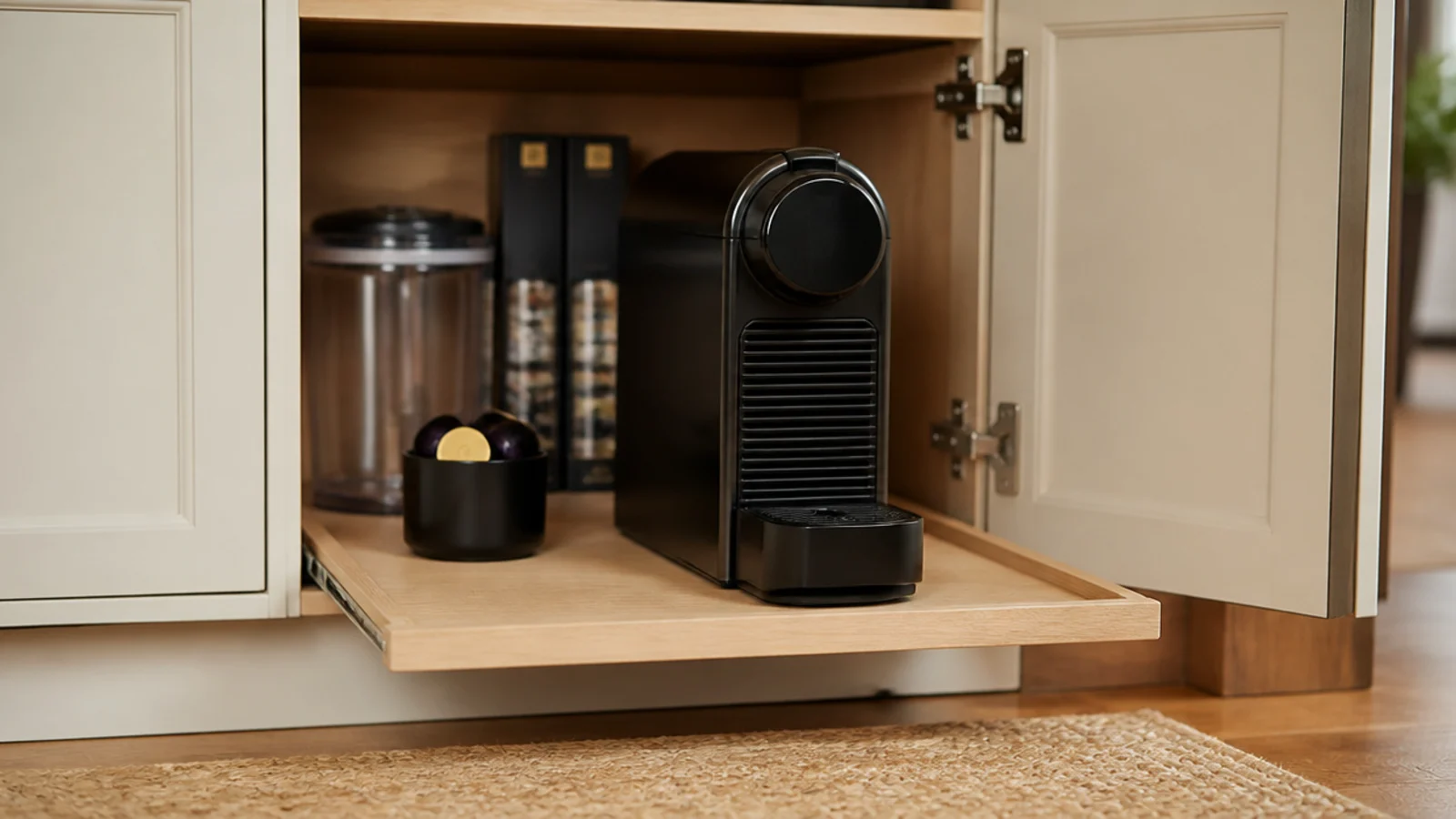 open base cabinet fitted out as a hidden small space coffee station
