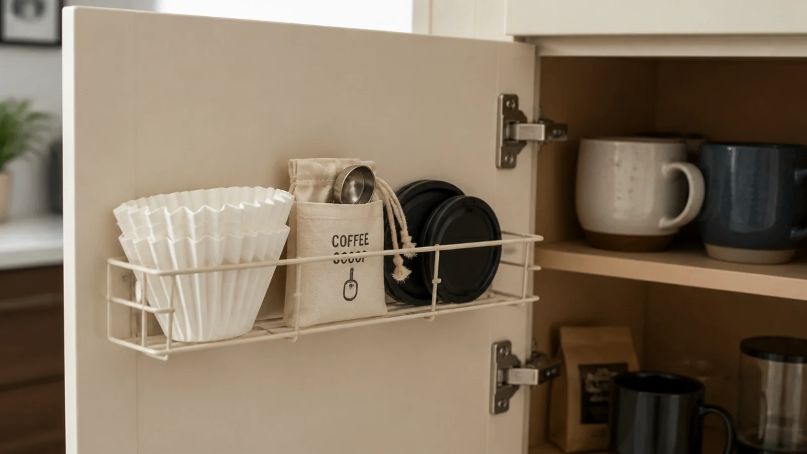 shallow rack on the inside of a cabinet door holding coffee filters