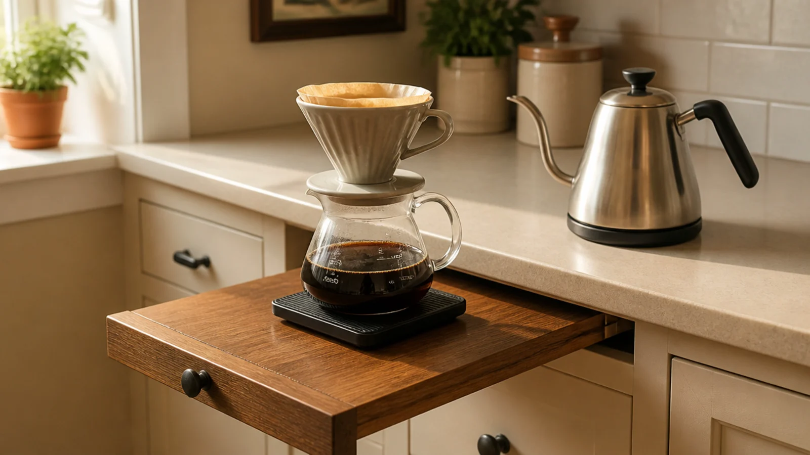 pour over cone set up on a pulled out wooden cutting board