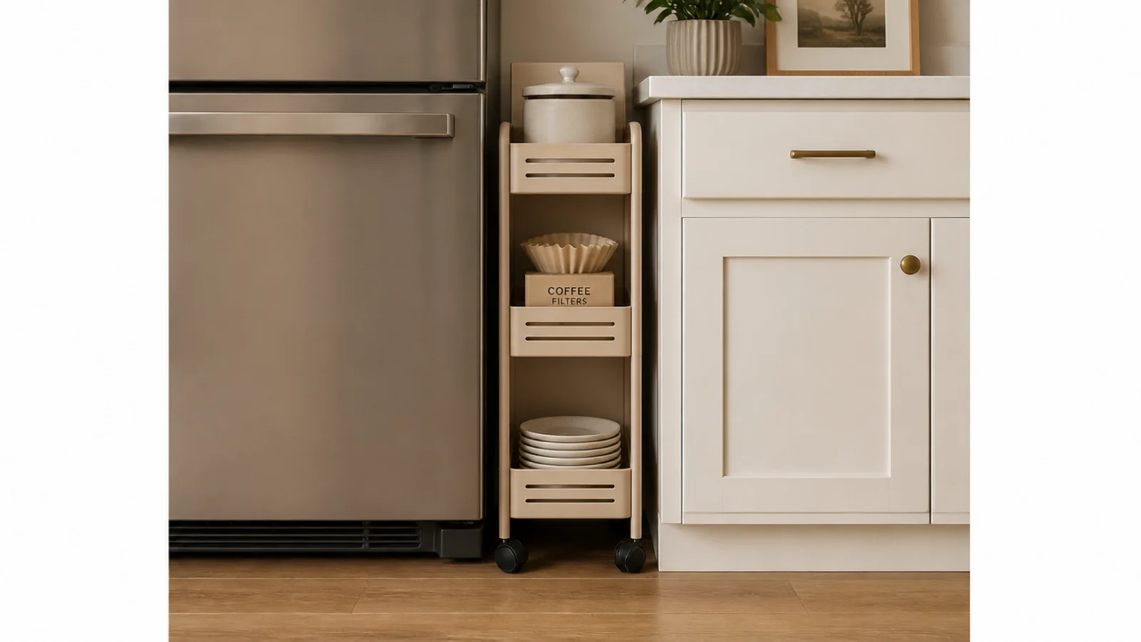 narrow rolling cart filling the slim gap beside a kitchen fridge