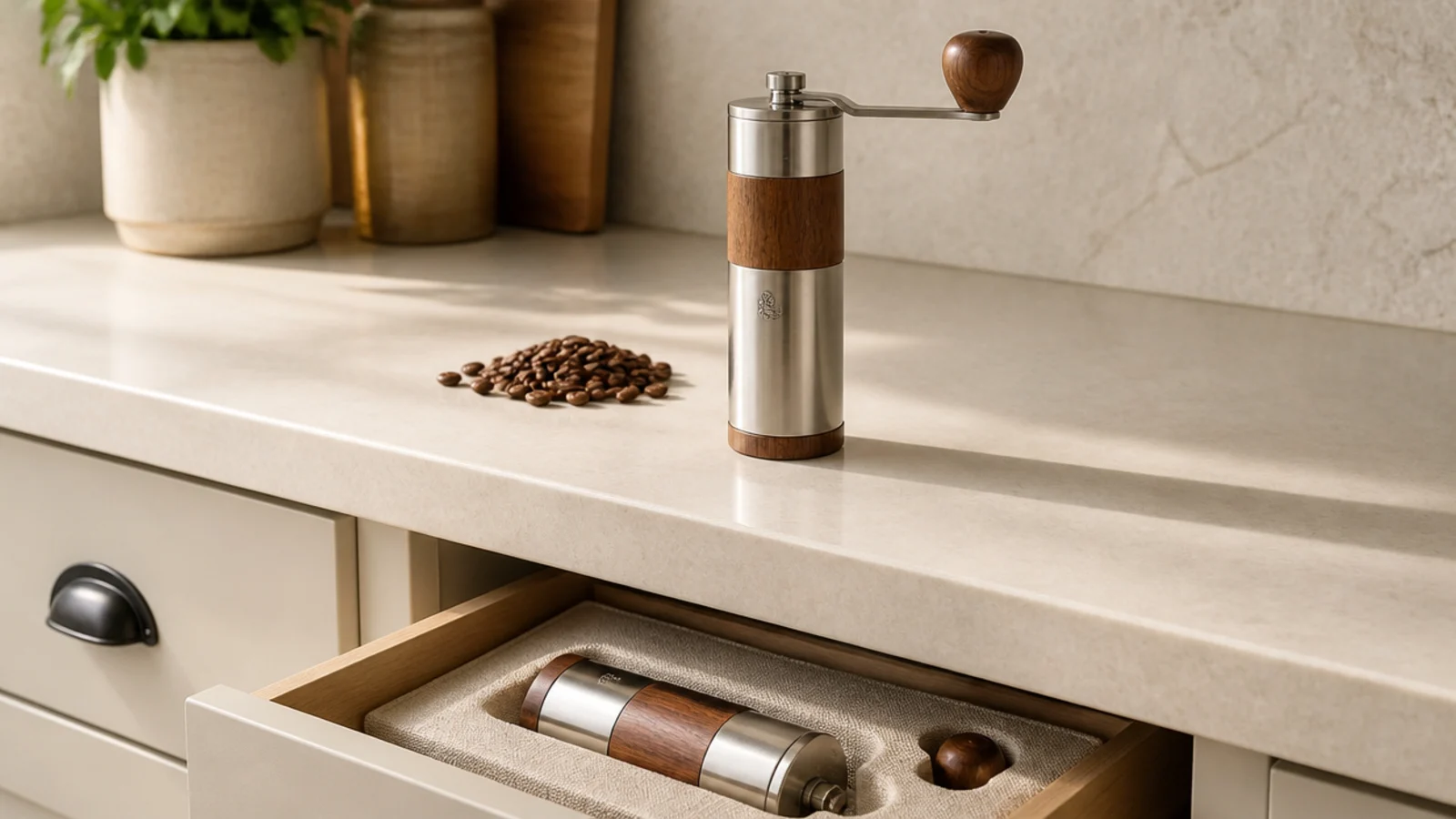 hand burr grinder resting beside whole coffee beans on a counter