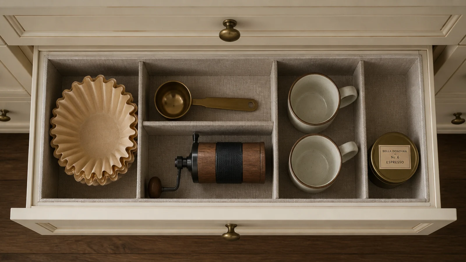 organised kitchen drawer holding coffee filters scoops and spare mugs