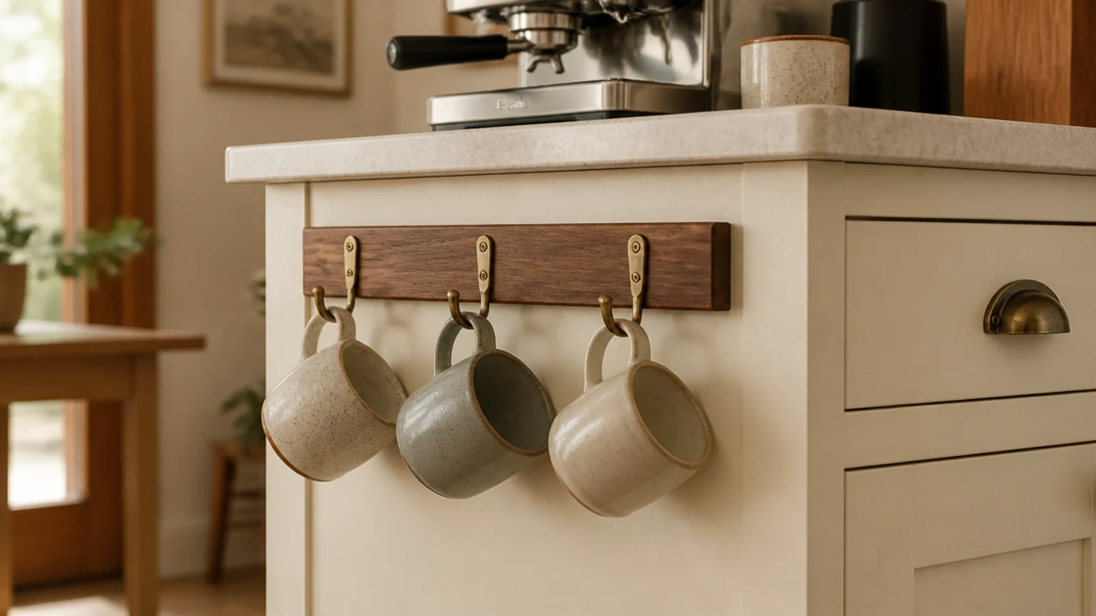mug hooks fitted to the exposed side panel of a kitchen cabinet