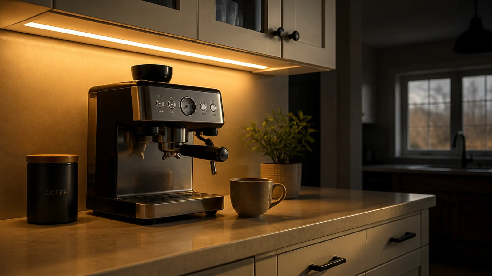 warm under cabinet light glowing over a narrow coffee corner counter