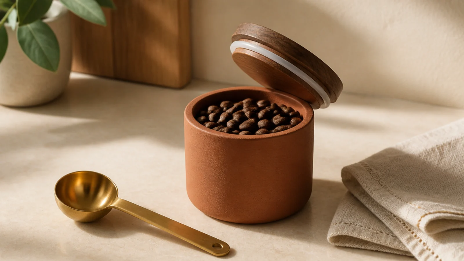 small opaque canister of whole coffee beans on a compact counter