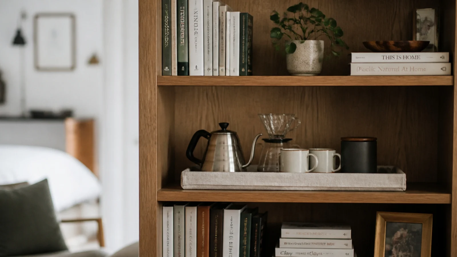 single bookshelf shelf converted into a studio apartment coffee nook