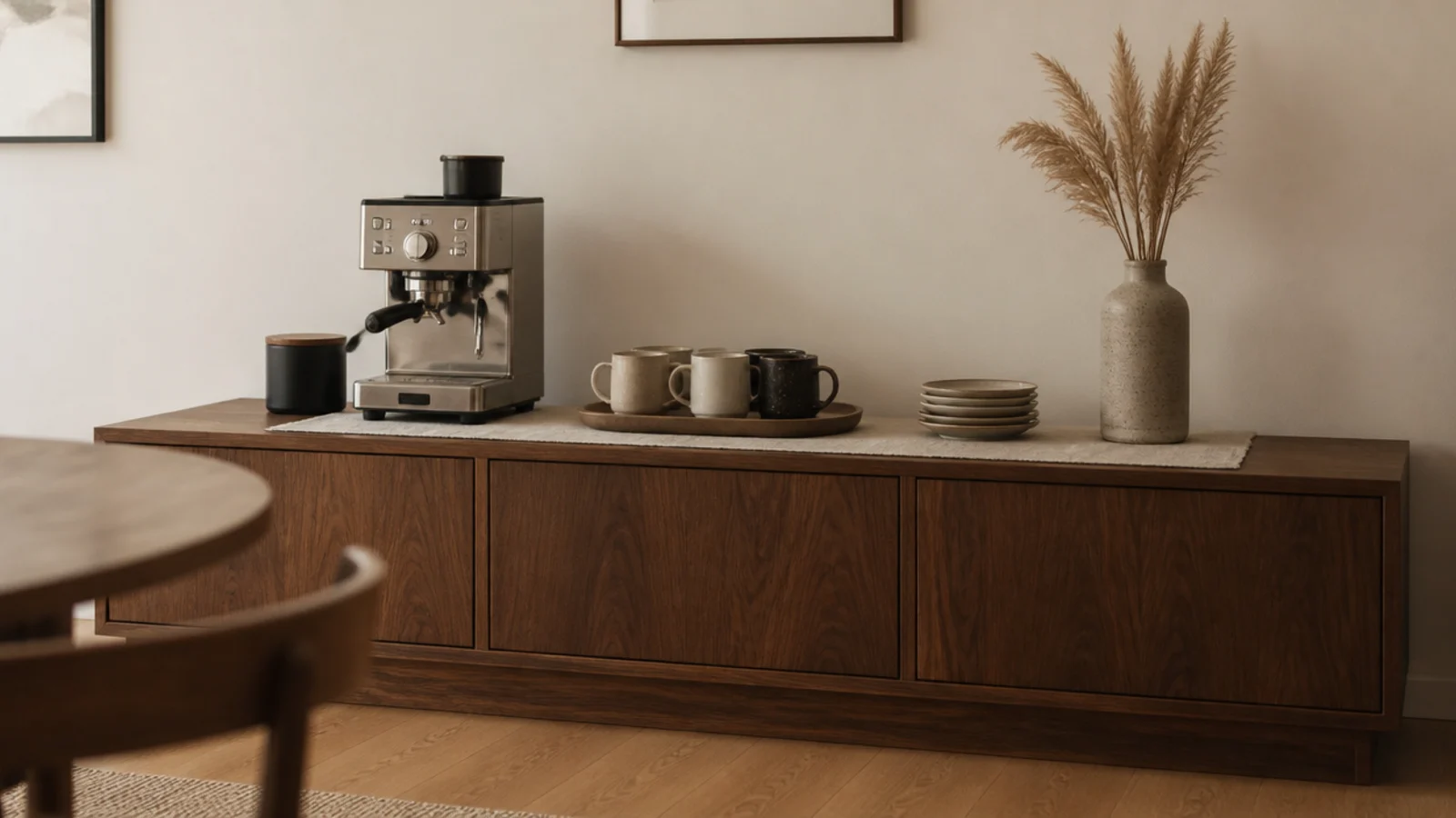 wooden sideboard styled as a weekend coffee corner in a dining room