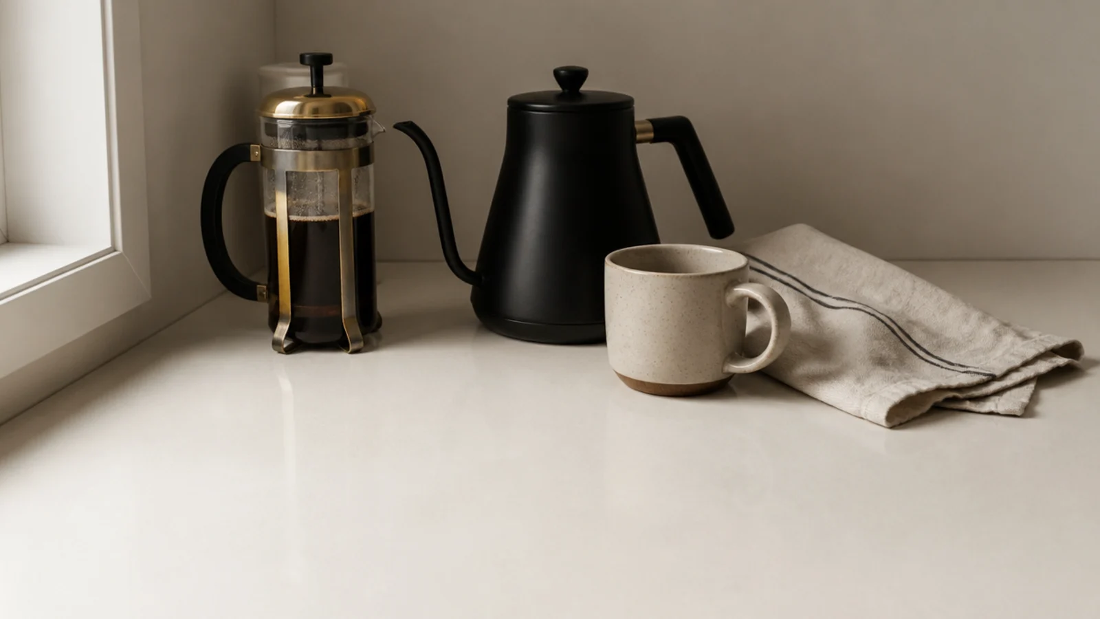french press and kettle forming the smallest possible coffee setup