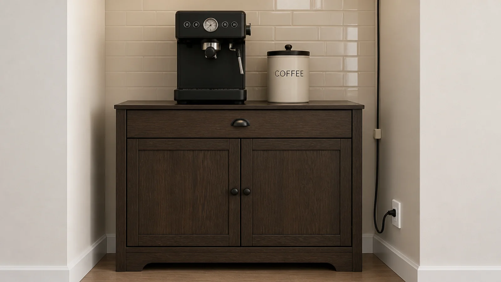 tidy cable run behind a small coffee station with a clipped cord