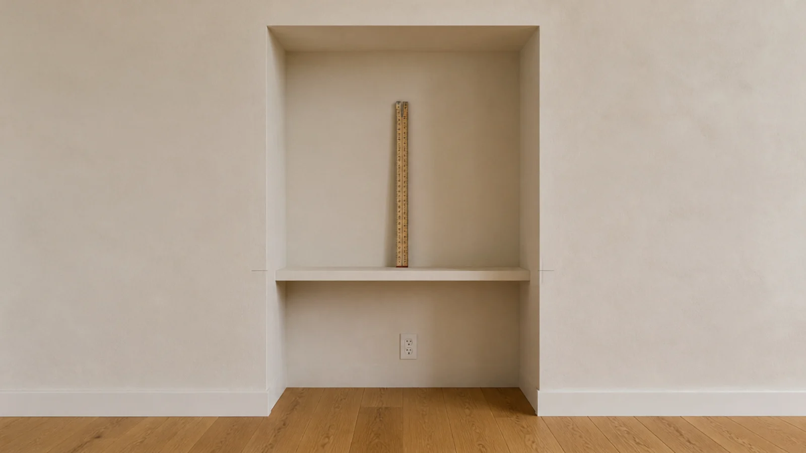 empty alcove measured with a ruler before becoming a coffee nook