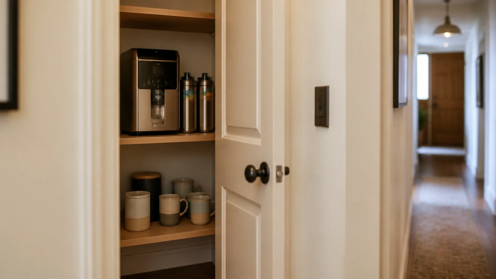 hall closet converted into a hidden coffee nook with two shelves