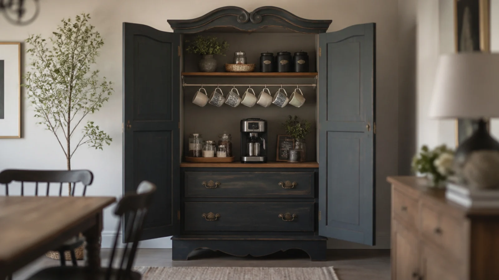 vintage armoire opened to reveal a coffee nook with mugs and jars