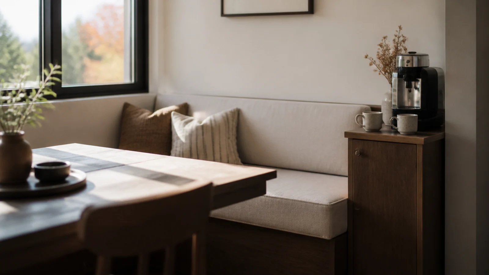 coffee station at the end of a breakfast nook banquette bench