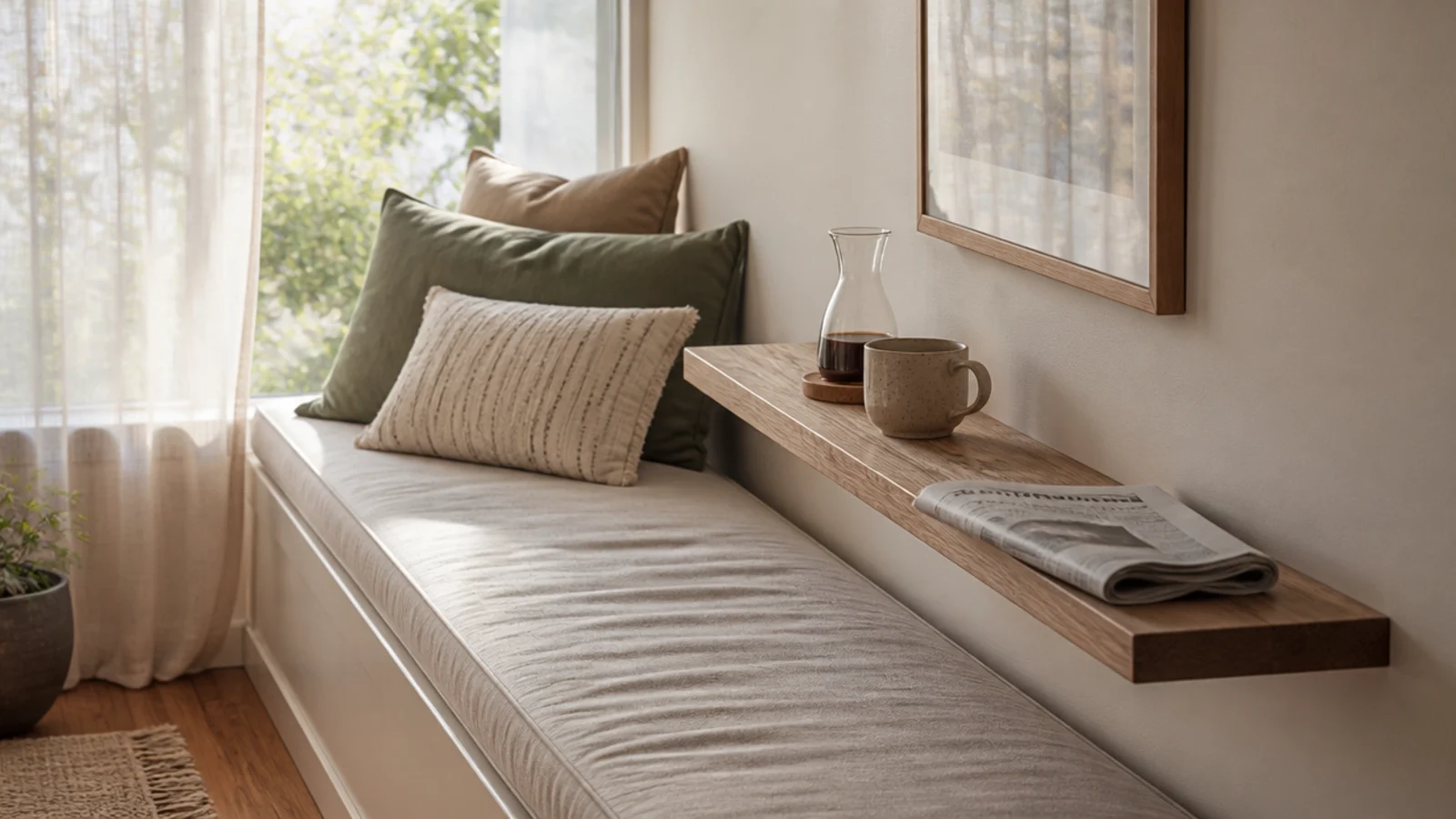 window seat with a narrow coffee ledge holding a mug and carafe