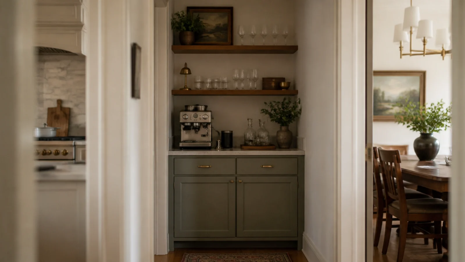 coffee nook built into a short passage between kitchen and dining room