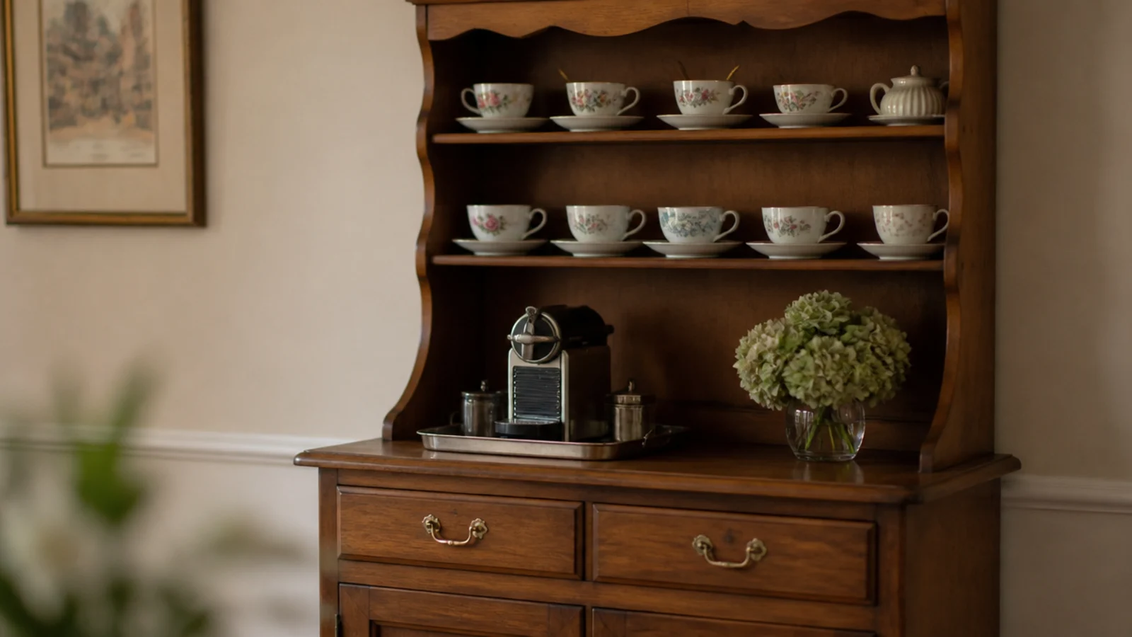 dining hutch upper shelves converted into a coffee nook with cups