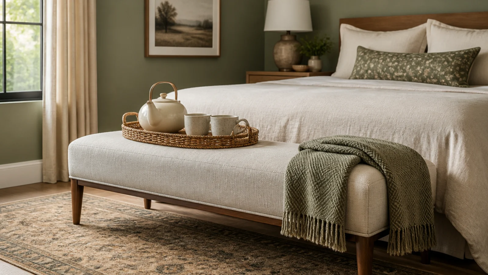 bedroom bench nook holding a small kettle tray and two mugs