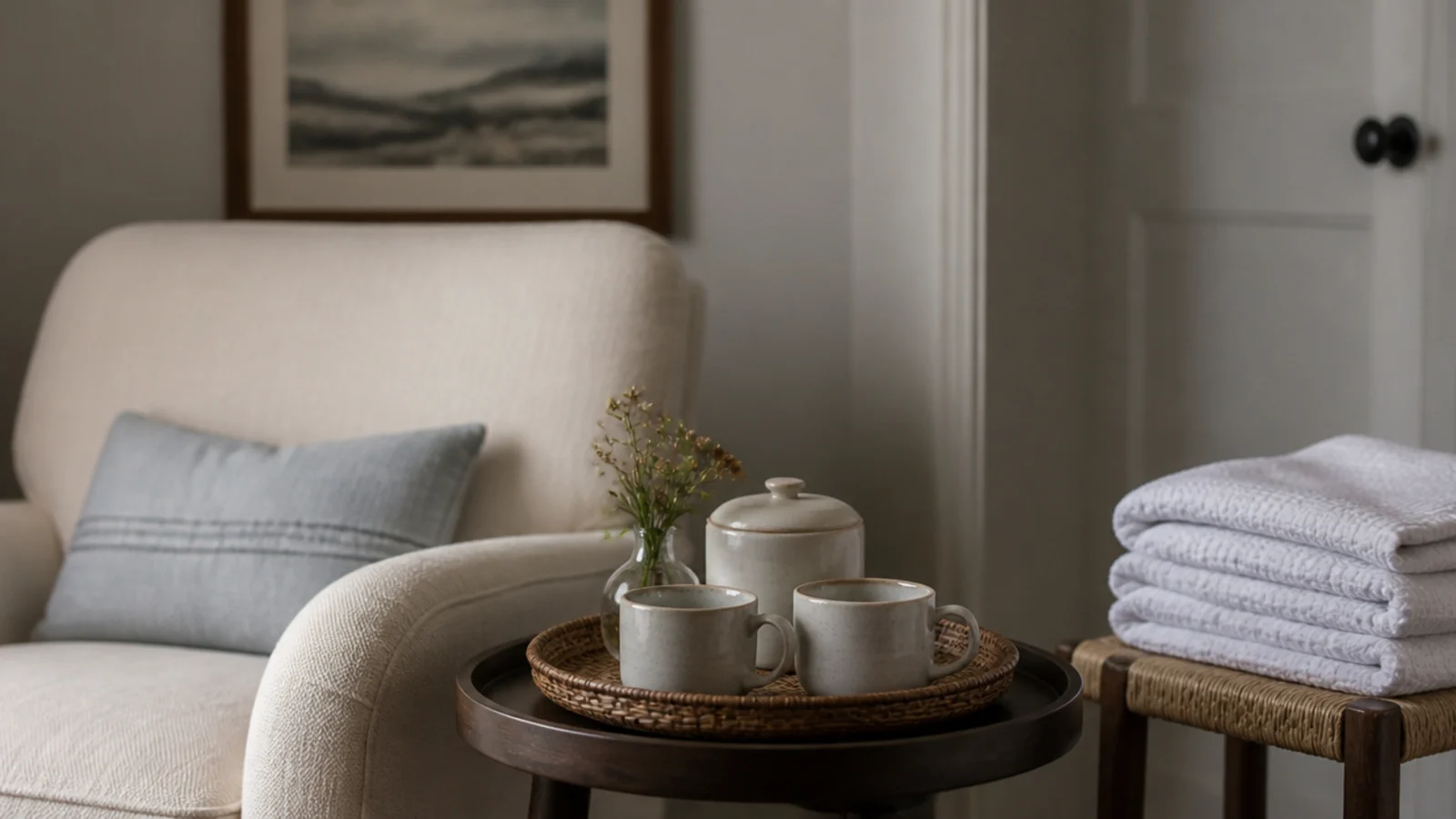 guest room corner set with a coffee tray beside an armchair