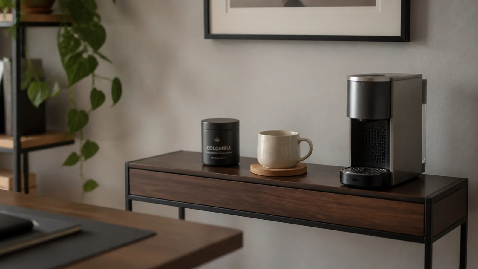 narrow office console arranged as a compact coffee nook by a desk