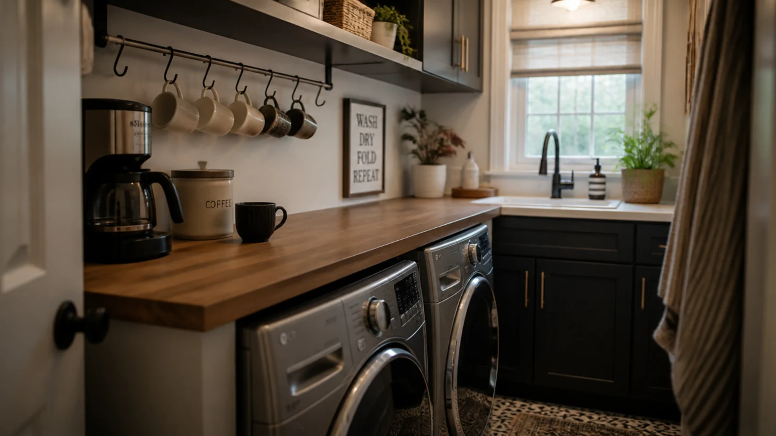 laundry room counter doubling as a small coffee nook with shelf