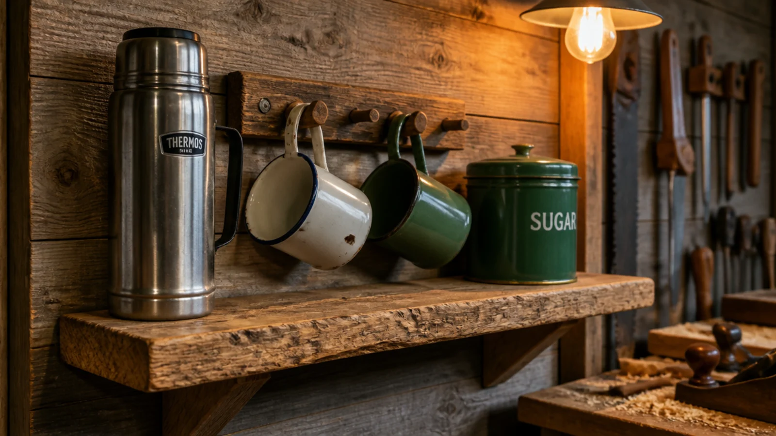 workshop shelf nook with a thermos and enamel mugs on a peg