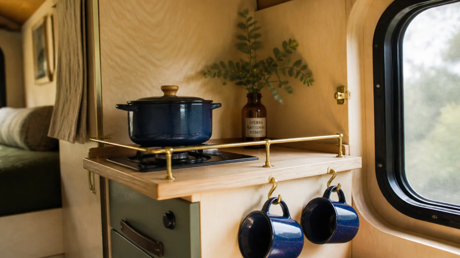 tiny home coffee nook with railed shelves holding secured mugs