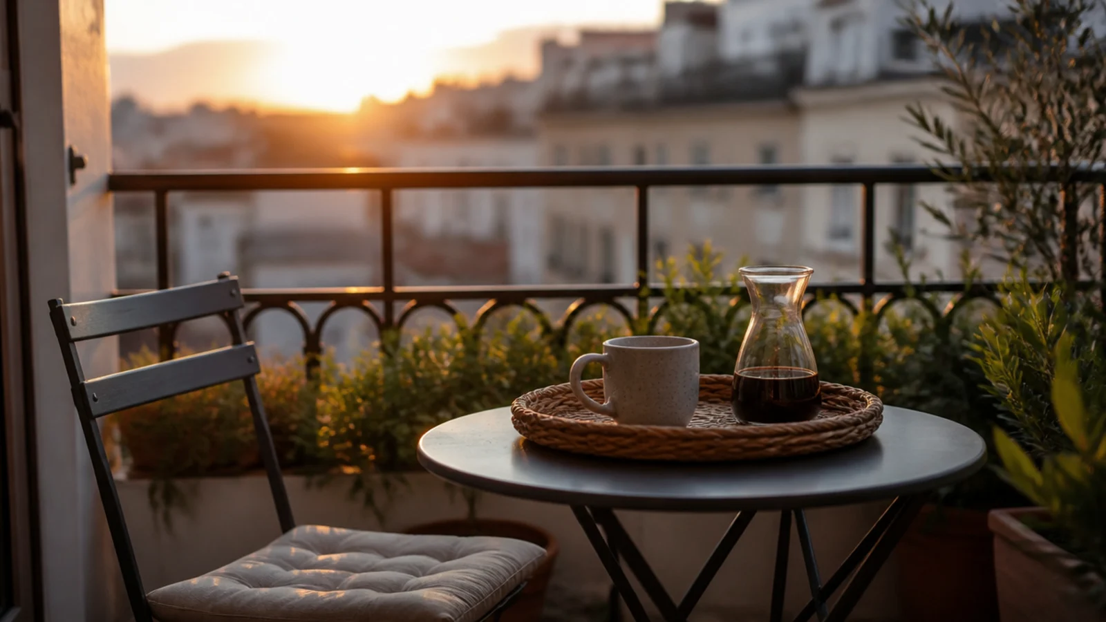 balcony coffee nook with bistro table tray and morning light