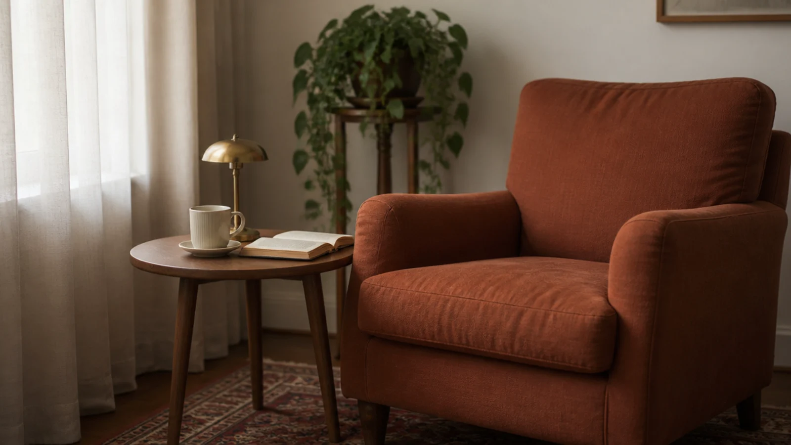 reading chair nook with a side table holding coffee and a book