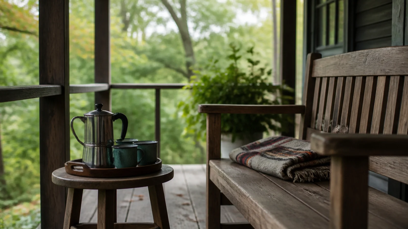 covered porch coffee nook with a bench tray and enamel mugs