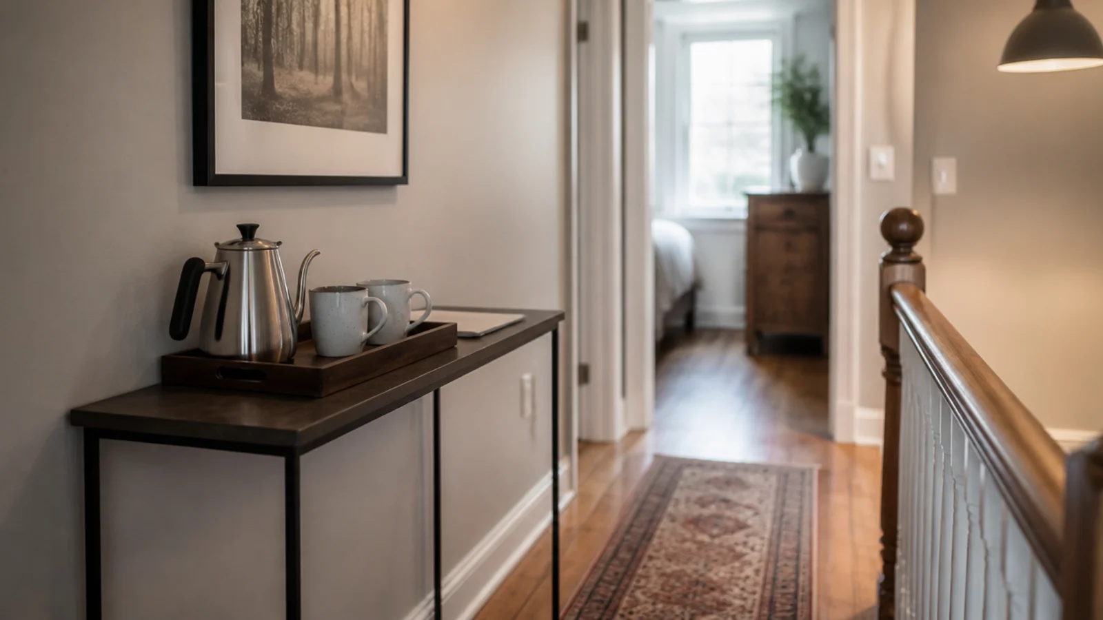 upstairs landing nook with a slim console holding a coffee tray