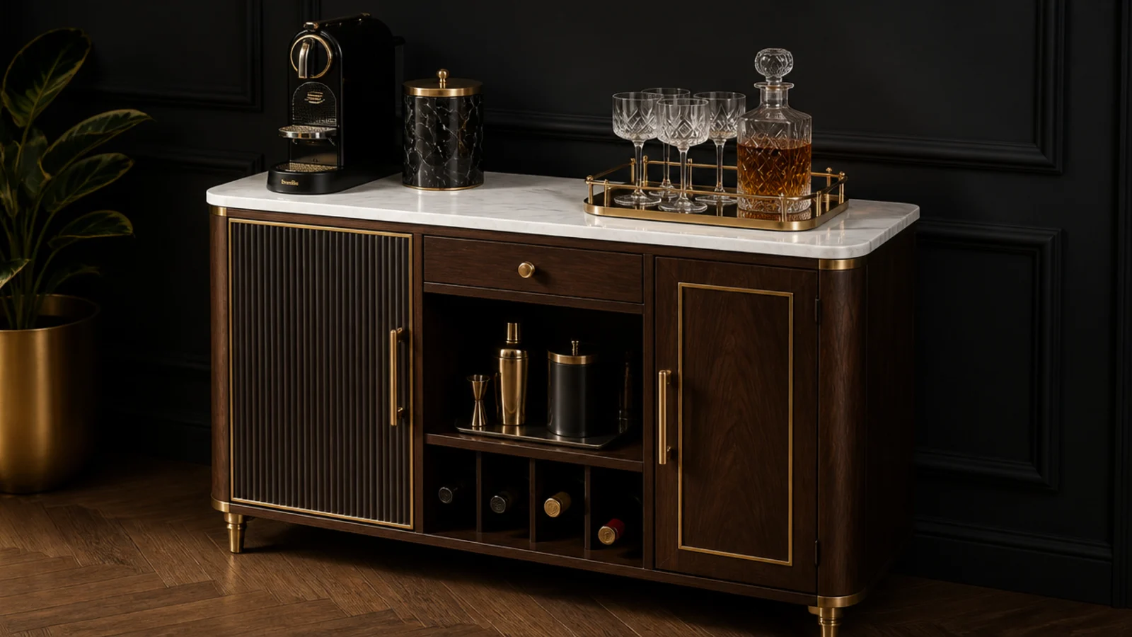 small bar nook holding coffee gear by day and glassware by night