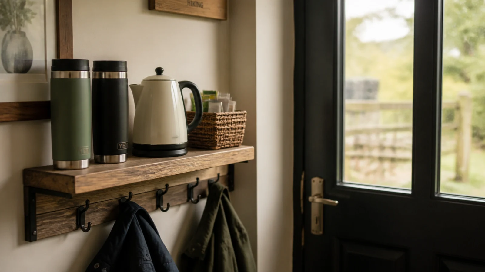 back door nook with a shelf holding travel mugs and a small kettle