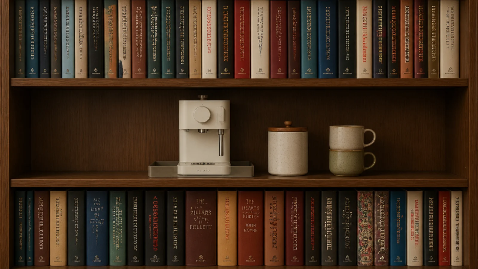 bookcase shelf emptied and restyled as a compact coffee nook