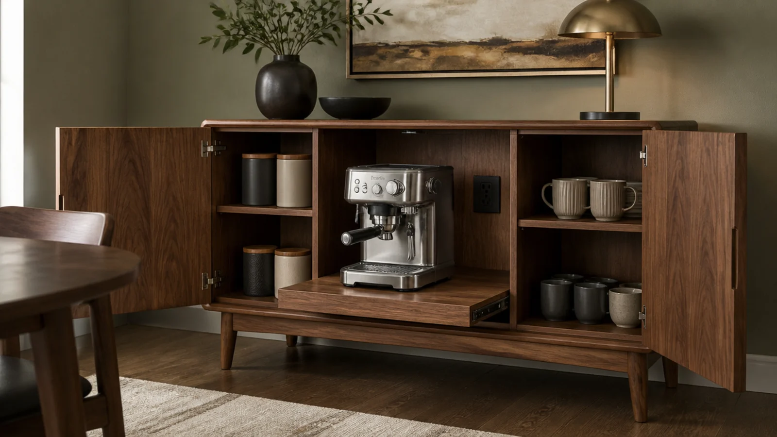 sideboard doors open showing a coffee nook with pull out shelf