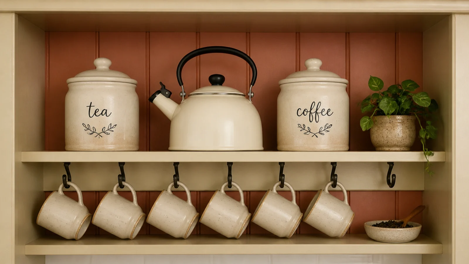 shared tea and coffee nook with two canisters kettle and mugs